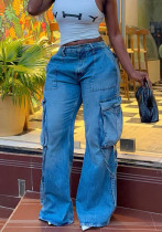 Women's High-Waist Multi-Pocket Straight-Leg Cargo Denim Pants Women's High-Waist Multi-Pocket Straight-Leg Cargo Denim Pants