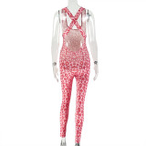 Women's Casual Printed Colorblock Slim Waist Long Jumpsuit