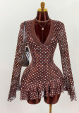 Women's Polka Dot Deep V Lace Patchwork Slim Waist Long Sleeve Mini Dress