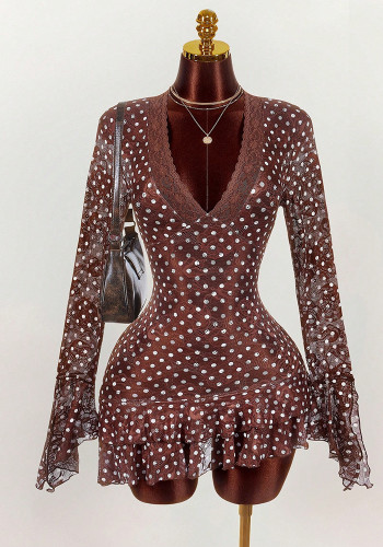 Women's Polka Dot Deep V Lace Patchwork Slim Waist Long Sleeve Mini Dress