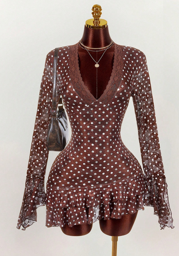Women's Polka Dot Deep V Lace Patchwork Slim Waist Long Sleeve Mini Dress