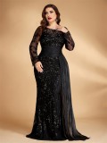 Plus Size Elegant Sequin Patchwork Round Neck Long Sleeve Evening Dress