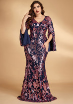 Plus Size Sequin Slit Long Sleeve Chic Mermaid Evening Dress