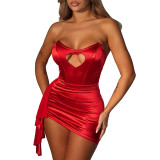 Spring Women's Solid Color Valentine’s Day Heart Print Beaded Strapless Dress