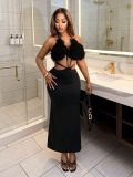 Women's Chic Furry Patchwork Deep V Halter Neck Slim Waist Bodycon Dress
