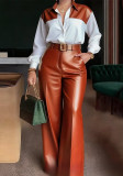 Women's Chic Career Long Sleeve Shirt & Belted Wide-Leg Leather Pants Set