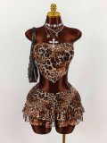 Women's Leopard Print Strapless Crop Top & Ruffle Skirt Set