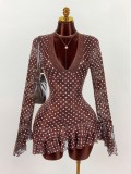 Women's Polka Dot Deep V Lace Patchwork Slim Waist Long Sleeve Mini Dress