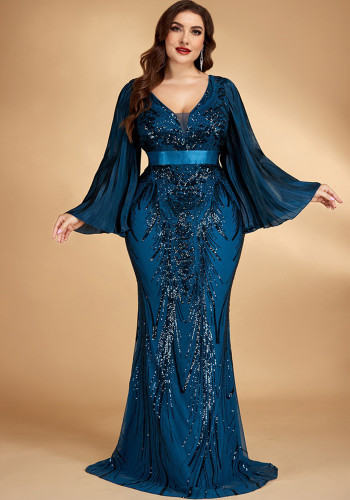 Plus Size Sequin Bell-Bottom Sleeve Mermaid Formal Party Dress