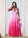 Women's Elegant Low Back Lace-Up Halter Neck Strapless Pleated Gradient Dress