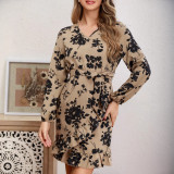 Spring Fall Women's V-Neck Tie Floral Long Sleeve Dress
