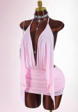 Women's Solid Color Mesh Ribbon Low Back Bodycon Dress