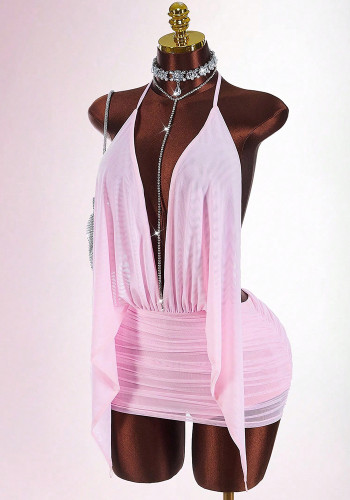 Women's Solid Color Mesh Ribbon Low Back Bodycon Dress