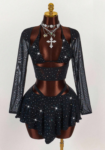 Women's Holiday Solid Color Halter Neck Long Sleeve Cover-Up Bikini Set