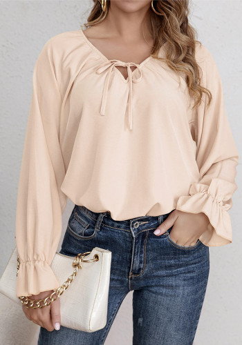 Spring Fall Women's Career Lotus Sleeve V-Neck Tie Long Sleeve Top