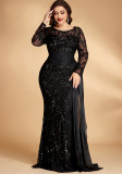Plus Size Elegant Sequin Patchwork Round Neck Long Sleeve Evening Dress