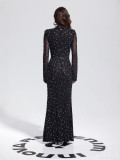 Women's Black Chic Sexy Rhinestone Strap Tight-Fitting Long Sleeve Dress