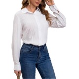 Spring Fall Women's Solid Color Cotton Turndown Collar Long Sleeve Shirt