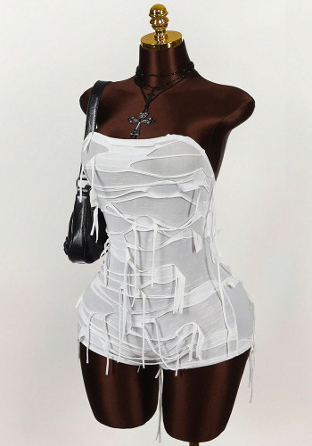 Women's Solid Color Strapless Fringe Low Back Jumpsuit