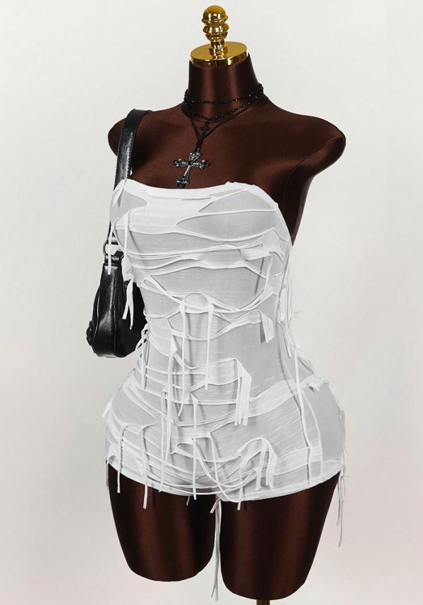 Women's Solid Color Strapless Fringe Low Back Jumpsuit