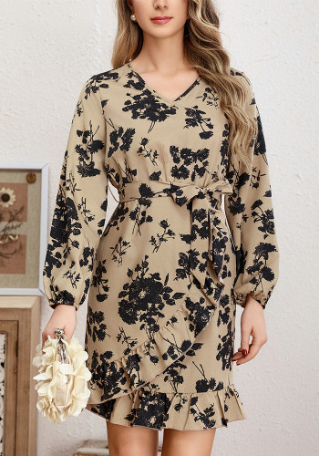 Spring Fall Women's V-Neck Tie Floral Long Sleeve Dress