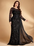 Plus Size Elegant Sequin Patchwork Round Neck Long Sleeve Evening Dress