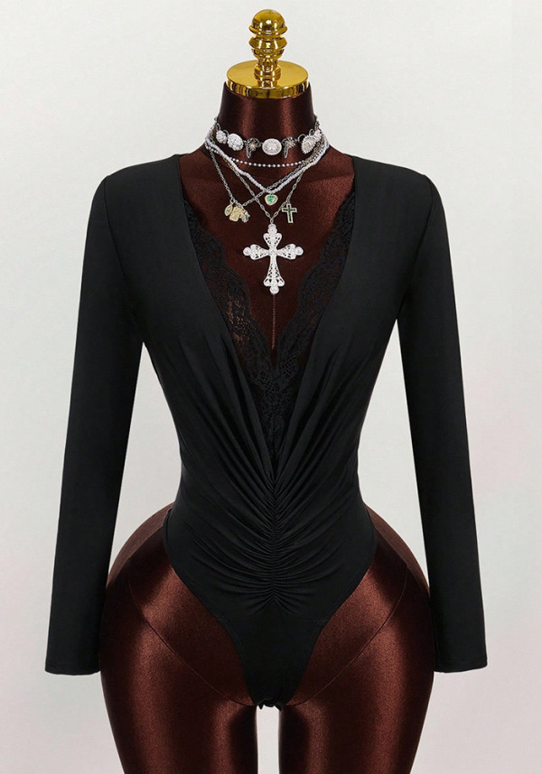 Women's Solid Color Lace Patchwork Deep V Slim-Fit Jumpsuit