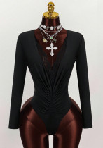 Women's Solid Color Lace Patchwork Deep V Slim-Fit Jumpsuit Women's Solid Color Lace Patchwork Deep V Slim-Fit Jumpsuit
