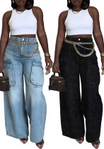 Spring Summer Women's Washed Denim Cargo Pocket Jeans Spring Summer Women's Washed Denim Cargo Pocket Jeans