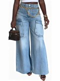 Spring Summer Women's Washed Denim Cargo Pocket Jeans