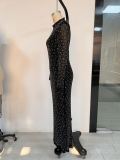 Women's Black Chic Sexy Rhinestone Strap Tight-Fitting Long Sleeve Dress