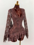 Women's Polka Dot Deep V Lace Patchwork Slim Waist Long Sleeve Mini Dress