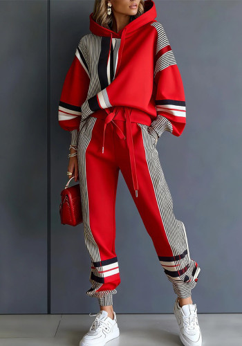 Fall Winter Women's Colorblock Hooded Casual Hoodie & Pants Set