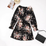 Spring Fall Women's Sweet Floral V-Neck High-Waist Ruffle A-Line Dress