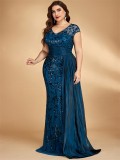 Plus Size Elegant Sequin Patchwork V-Neck Sleeveless Evening Party Maxi Dress