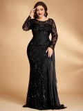 Plus Size Elegant Sequin Patchwork Round Neck Long Sleeve Evening Dress