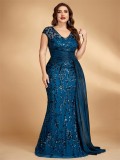 Plus Size Elegant Sequin Patchwork V-Neck Sleeveless Evening Party Maxi Dress