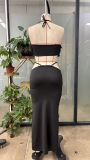 Women's Chic Furry Patchwork Deep V Halter Neck Slim Waist Bodycon Dress
