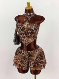 Women's Leopard Print Strapless Crop Top & Ruffle Skirt Set