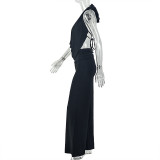 Women's Casual Loose Solid Color Halter Neck Low Back Two-Piece Pants Set