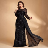 Plus Size Elegant Sequin Patchwork Round Neck Long Sleeve Evening Dress