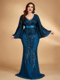 Plus Size Sequin Bell-Bottom Sleeve Mermaid Formal Party Dress