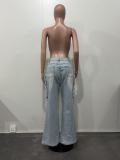 Spring Summer Women's Washed Denim Cargo Pocket Jeans