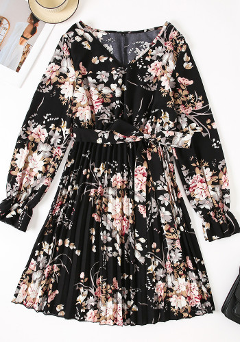 Spring Fall Women's Sweet Floral V-Neck High-Waist Ruffle A-Line Dress