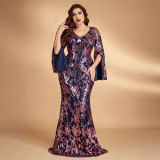 Plus Size Sequin Slit Long Sleeve Chic Mermaid Evening Dress