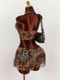 Women's Leopard Print Strapless Crop Top & Ruffle Skirt Set