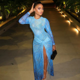 Women's Career Colorblock Slit Bodycon Round Neck Long Sleeve Dress