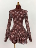 Women's Polka Dot Deep V Lace Patchwork Slim Waist Long Sleeve Mini Dress