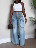 Spring Summer Women's Washed Denim Cargo Pocket Jeans