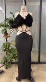 Women's Chic Furry Patchwork Deep V Halter Neck Slim Waist Bodycon Dress